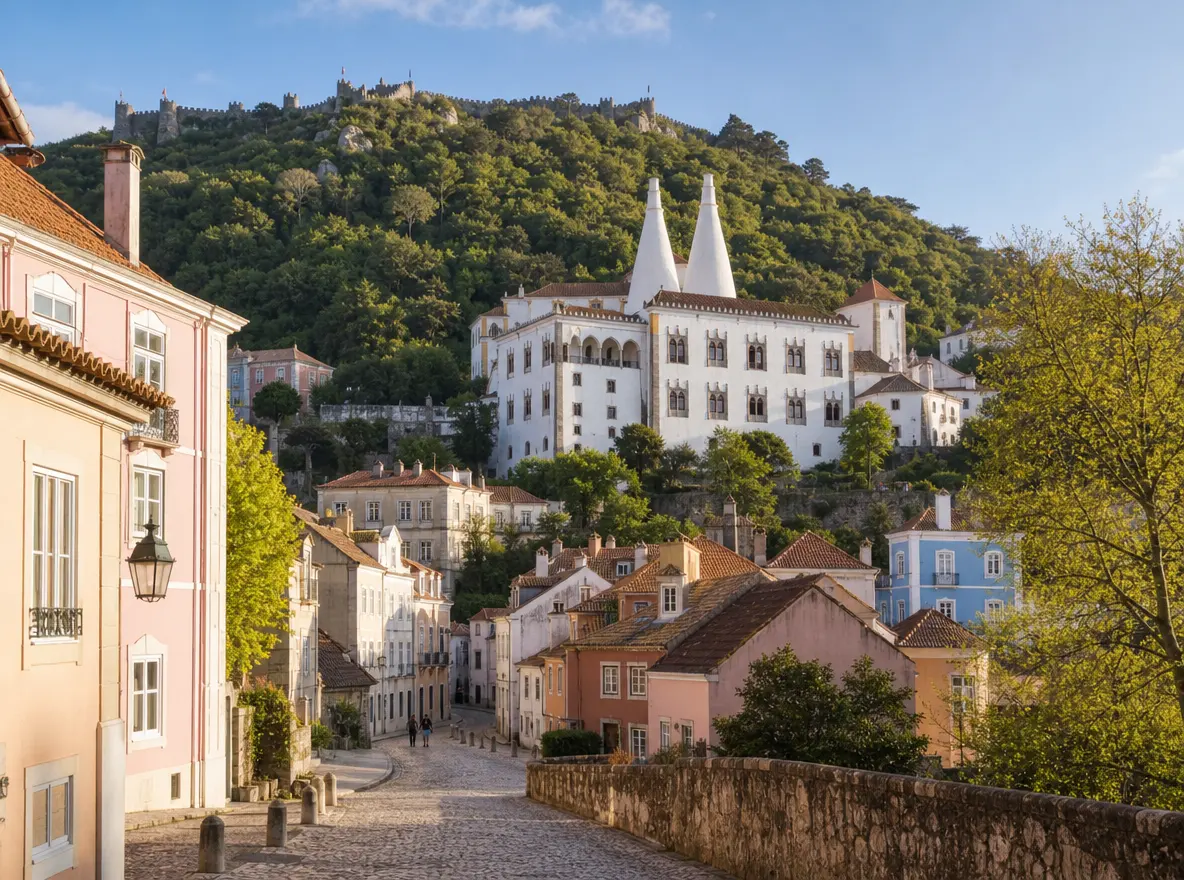 The white National Palace of Sintra with its two conical chimneys above the village